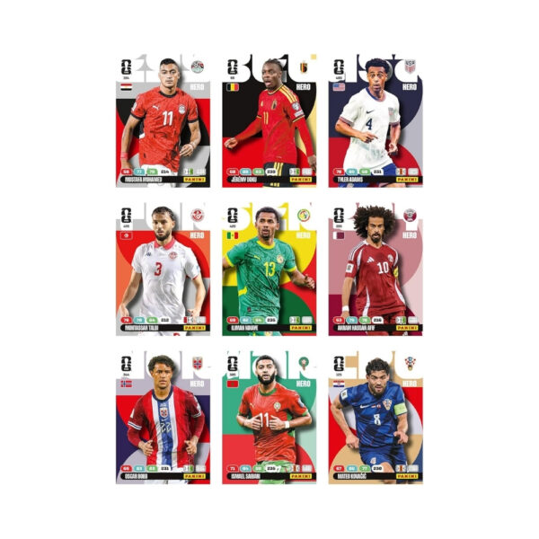 Booster box of Panini Adrenalyn XL FIFA World Cup 2026 trading cards, showcasing colorful designs and team logos