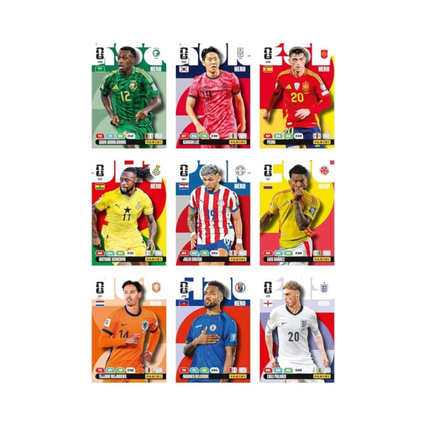 Booster box of Panini Adrenalyn XL FIFA World Cup 2026 trading cards, showcasing colorful designs and team logos