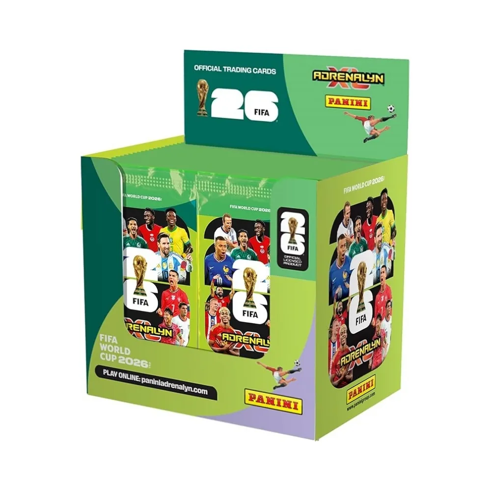 Booster box of Panini Adrenalyn XL FIFA World Cup 2026 trading cards, showcasing colorful designs and team logo