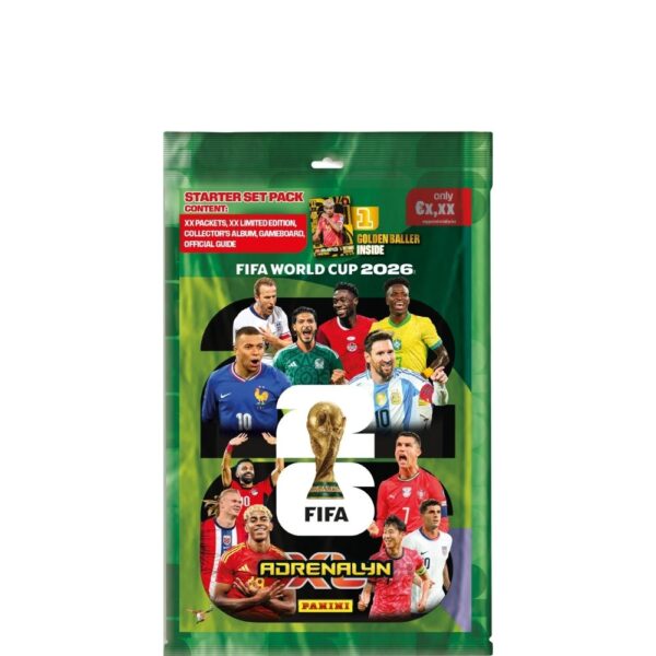 Panini FIFA World Cup 2026 Adrenalyn XL Starter Pack featuring collectible cards and game accessories for football fans