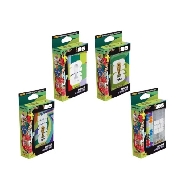 Mini tin assortment featuring Panini FIFA World Cup 2026 collectible items, showcasing vibrant team graphics and logos