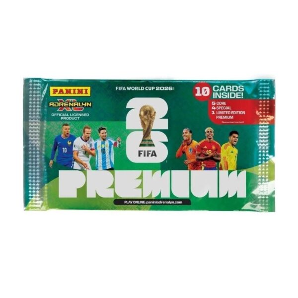 Pack of Panini FIFA World Cup 2026 Premium Trading Cards featuring vibrant graphics and official branding
