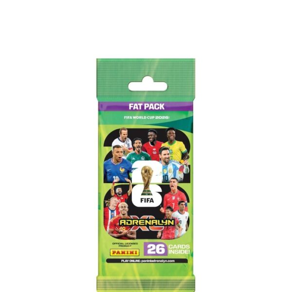 Panini FIFA World Cup 2026 trading cards fat pack featuring various player cards and team logos in vibrant packaging