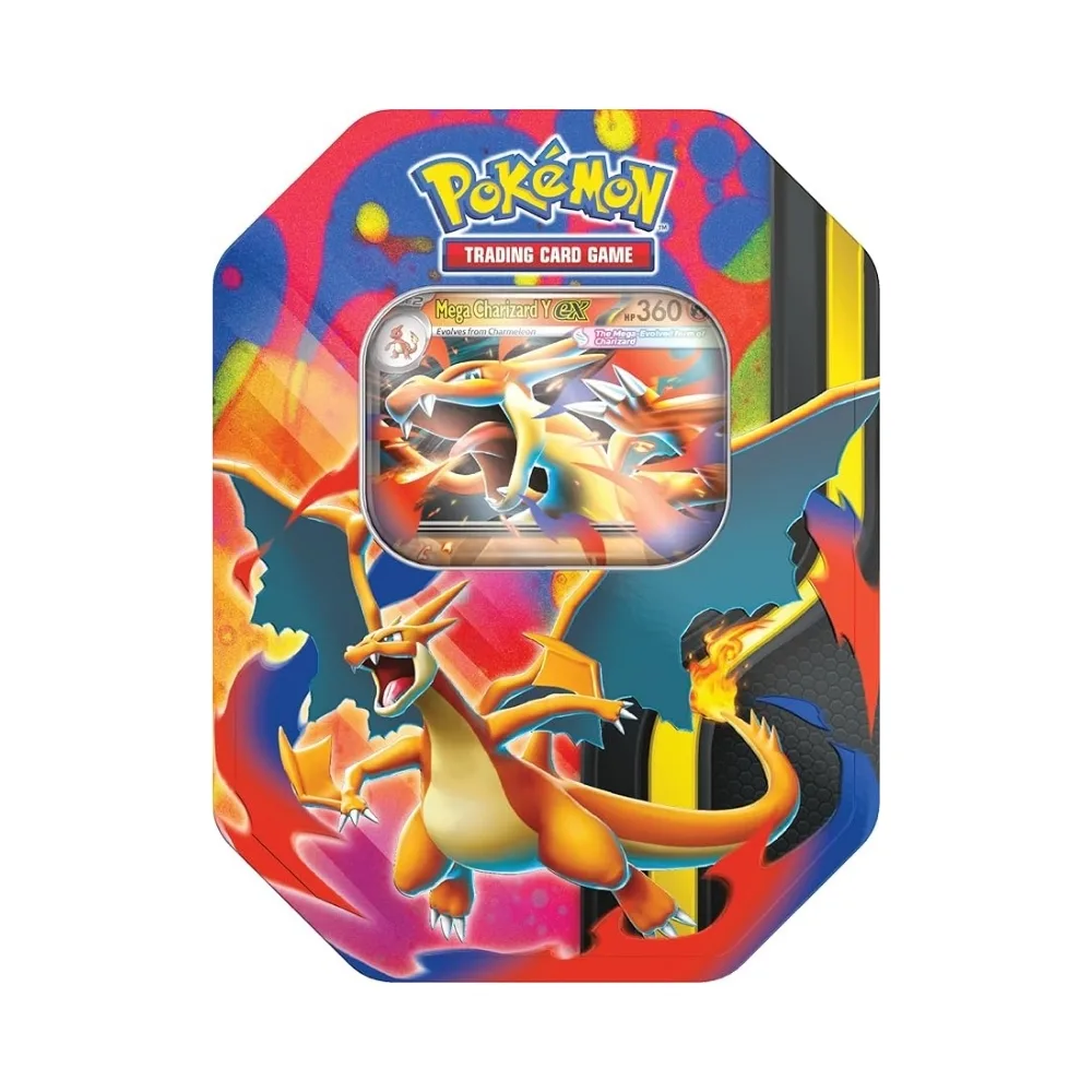 Spring Tins featuring Mega Charizard X & Y from Pokémon TCG, includes one random collectible card