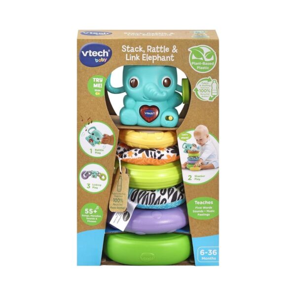 Elephant-themed stacking toy with vibrant rings for children to stack, rattle, and connect during playtime.