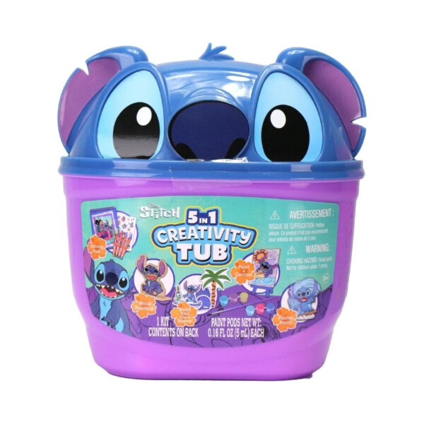 Tara Toys Disney Stitch 5-in-1 Creativity Tub featuring various art supplies and Stitch-themed accessories for creative play