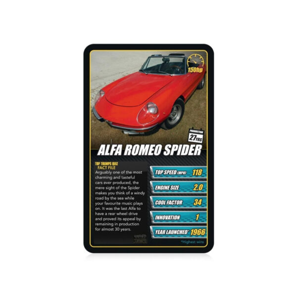 Top Trumps Sports Cars card game featuring various sports car images and stats for competitive play
