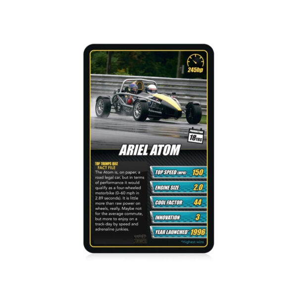 Top Trumps Sports Cars card game featuring various sports car images and stats for competitive play