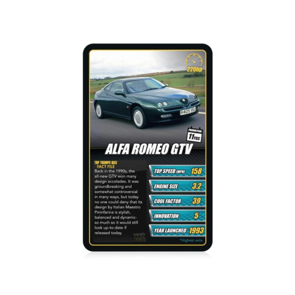 Top Trumps Sports Cars card game featuring various sports car images and stats for competitive play