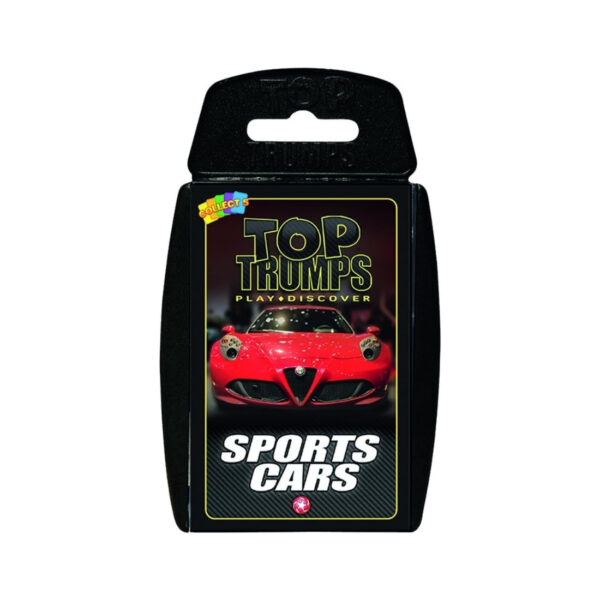 Top Trumps Sports Cars card game featuring various sports car images and stats for competitive play