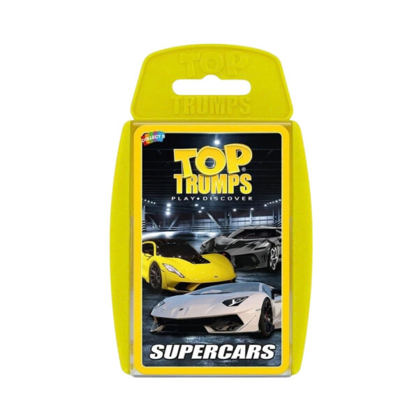 Top Trumps Super Cars card game featuring various high-performance sports cars with unique stats and illustrations