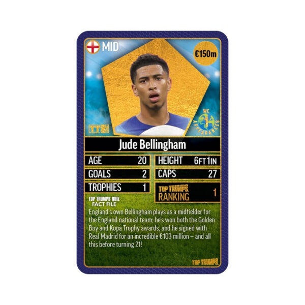 Blue card game featuring Top Trumps World Football Stars, showcasing various football players and their stats