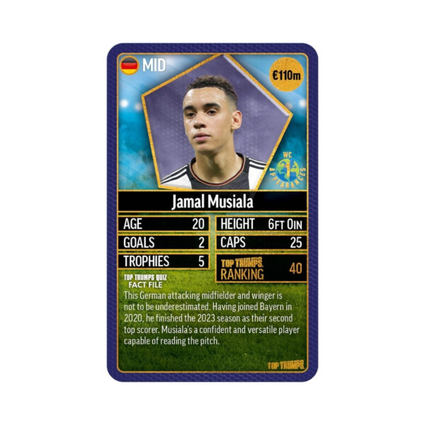 Blue card game featuring Top Trumps World Football Stars, showcasing various football players and their stats