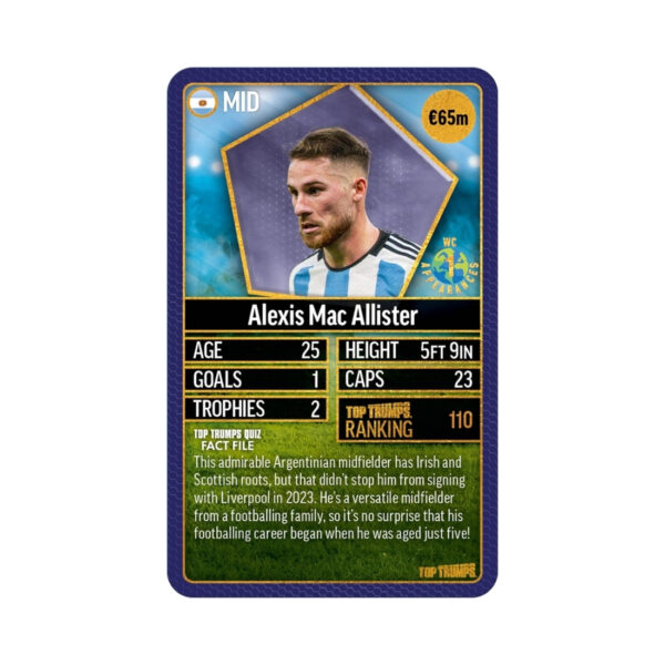 Blue card game featuring Top Trumps World Football Stars, showcasing various football players and their stats