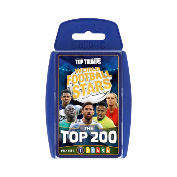 Blue card game featuring Top Trumps World Football Stars, showcasing various football players and their stats