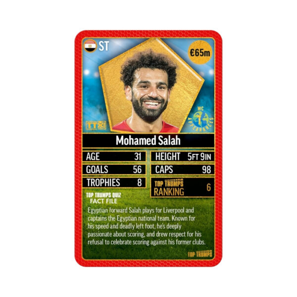 Top Trumps World Football Stars card game, featuring 200 players, showcased in a striking red packaging