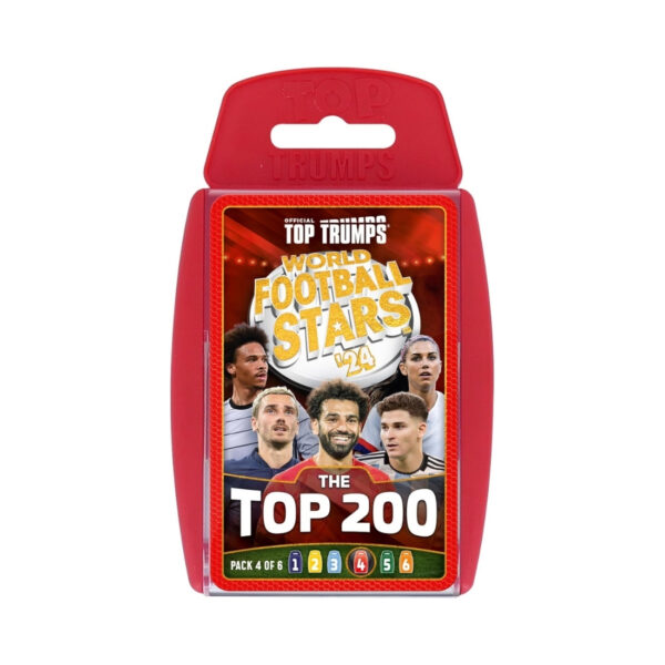Top Trumps World Football Stars card game, featuring 200 players, showcased in a striking red packaging