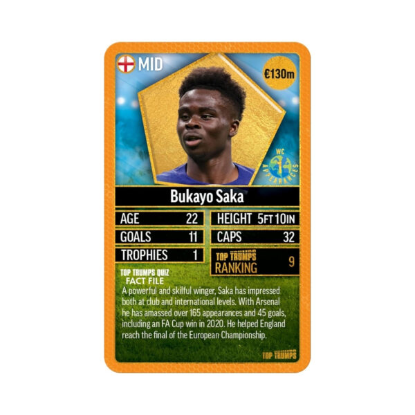 Orange card deck of Top Trumps World Football Stars, showcasing the top 200 football players in a fun card game format