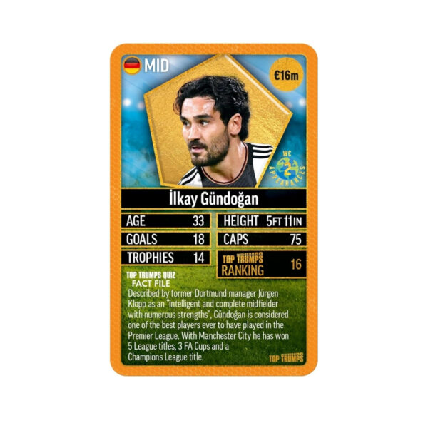 Orange card deck of Top Trumps World Football Stars, showcasing the top 200 football players in a fun card game format