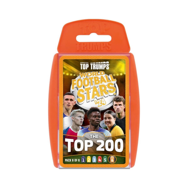 Orange card deck of Top Trumps World Football Stars, showcasing the top 200 football players in a fun card game format