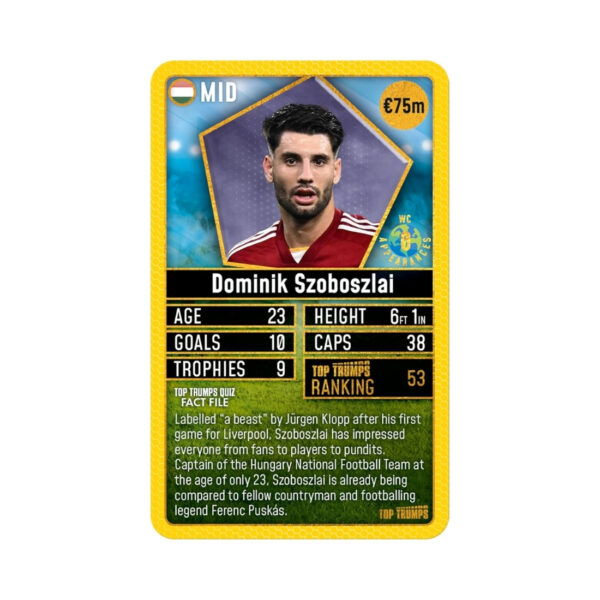 Top Trumps card featuring the top 200 world football stars, presented in a vibrant yellow design