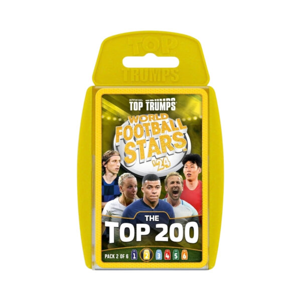 Top Trumps card featuring the top 200 world football stars, presented in a vibrant yellow design