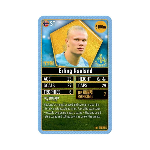 Top Trumps game cards showcasing famous football players, displayed on a vibrant sky blue backdrop