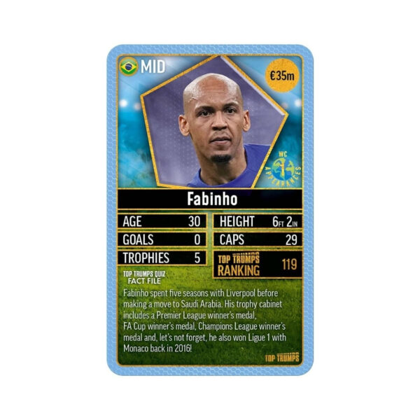 Top Trumps game cards showcasing famous football players, displayed on a vibrant sky blue backdrop