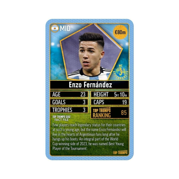 Top Trumps game cards showcasing famous football players, displayed on a vibrant sky blue backdrop