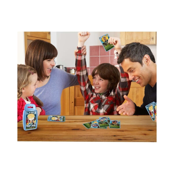 Top Trumps game cards showcasing famous football players, displayed on a vibrant sky blue backdrop