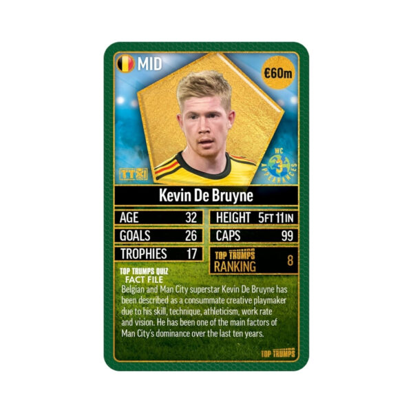 Top Trumps World Football Stars card game featuring green cards, showcasing various football players and their stats