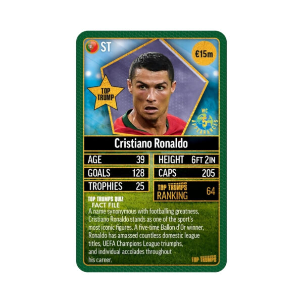 Top Trumps World Football Stars card game featuring green cards, showcasing various football players and their stats