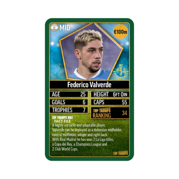 Top Trumps World Football Stars card game featuring green cards, showcasing various football players and their stats