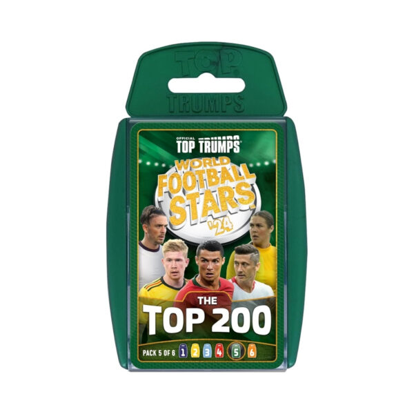 Top Trumps World Football Stars card game featuring green cards, showcasing various football players and their stats