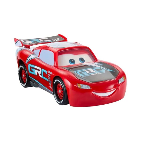 Lightning McQueen toy car drifts and races on a track, showcasing vibrant colors and dynamic motion