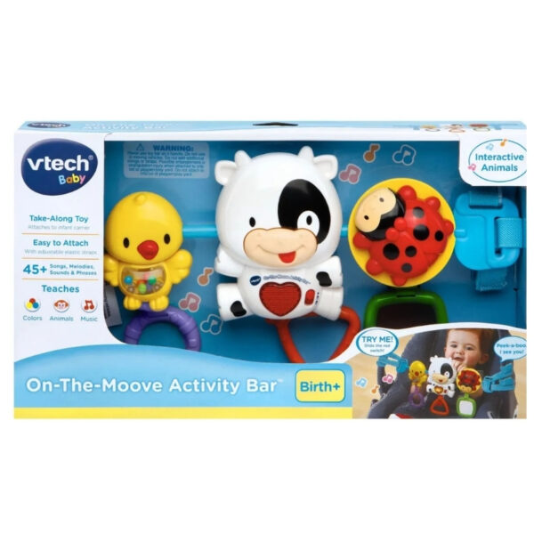 VTech Baby On The Moove Activity Bar featuring colorful toys and textures for sensory play and motor skill development.