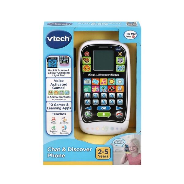 Vtech Chat And Discover Phone, a colorful toy phone with buttons and a screen for interactive learning and play.