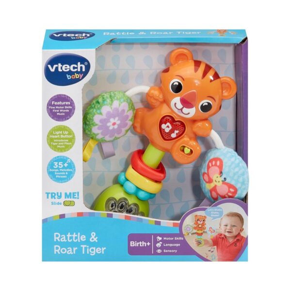 VTech Rattle & Roar Tiger, an interactive sensory toy for babies, designed to stimulate play with sounds and textures.