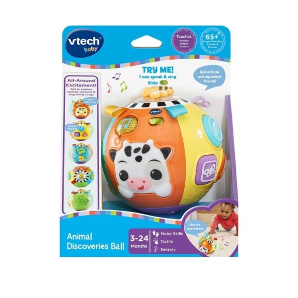 Vtech Animal Activity Ball with vibrant animal designs and buttons that promote sensory exploration and early learning skills.