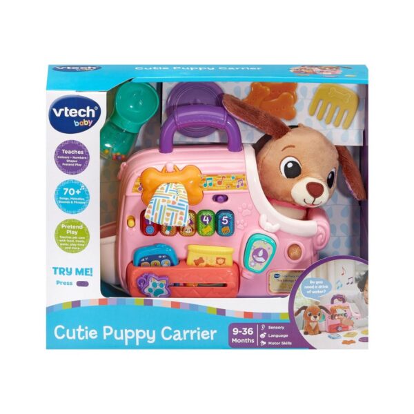 Vtech Baby Cutie Puppy Carrier, a role play toy with an interactive puppy, encouraging imaginative play and early learning.