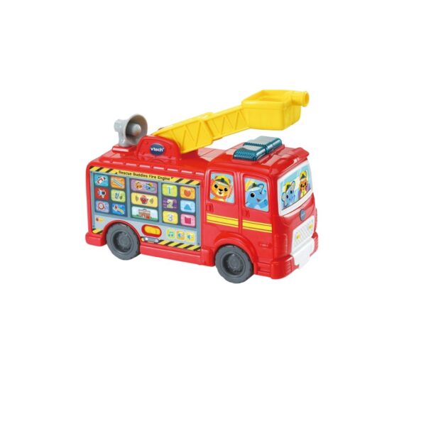 A bright red fire engine toy from the Rescue Buddies series, featuring ladders and wheels, designed for imaginative play.