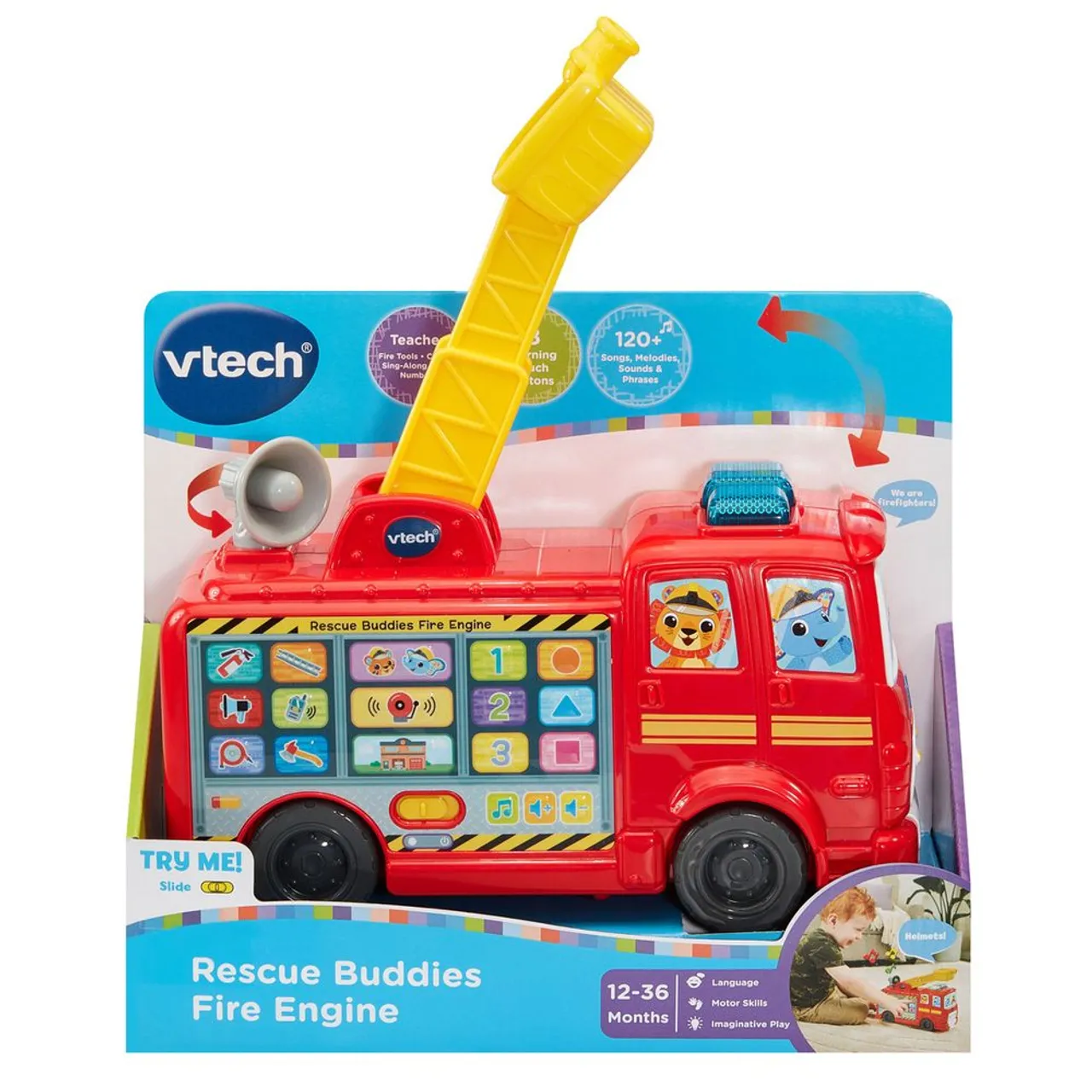 Vtech - Rescue Buddies Fire Engine - Red A bright red fire engine toy from the Rescue Buddies series, featuring ladders and wheels, designed for imaginative play.