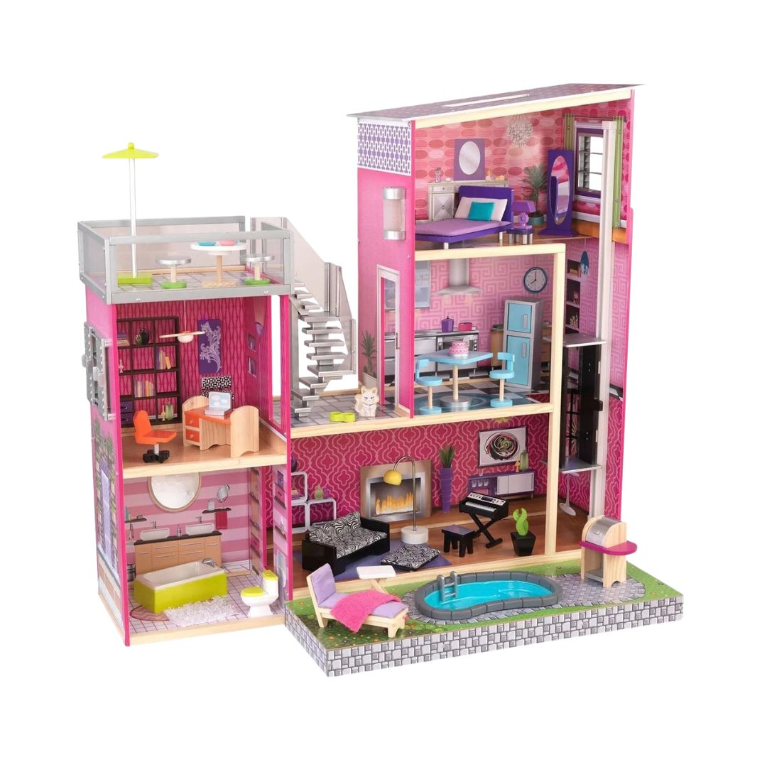 kidkraft Uptown Dollhouse-1 360-Degree Play: While the front is open, it features 3 levels, 5 rooms, and 2 outdoor spaces (a rooftop patio and a backyard with a pool).