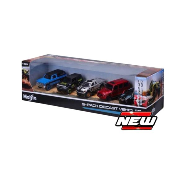 Maisto 1:64 Off-Road Collection 5-Pack featuring five detailed miniature off-road vehicles in various colors and designs.