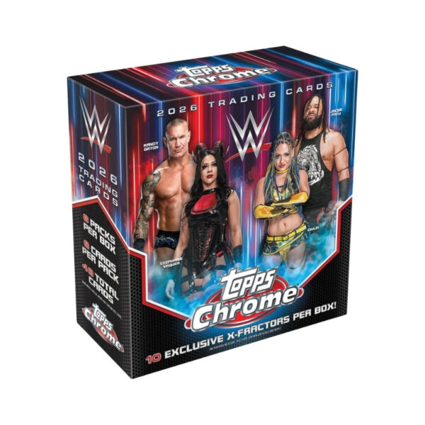 2026 Topps Chrome WWE Mega Box featuring collectible trading cards of popular WWE superstars and iconic moments