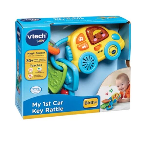 Vtech My 1st Car Key Rattle featuring bright colors and key shapes, encourages tactile play and auditory stimulation for babies.