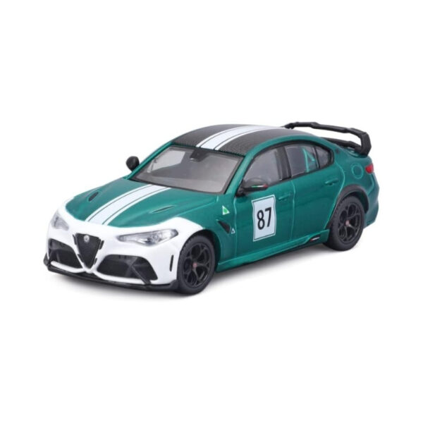 Bburago 1/43 scale model of a green and white Alfa Romeo GTAm, showcasing detailed design and craftsmanship.