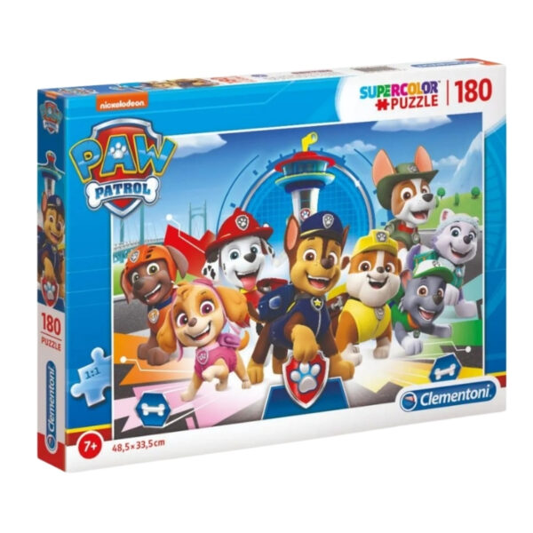 180-piece Clementoni Paw Patrol Supercolor puzzle for children featuring colorful characters from the popular animated series.