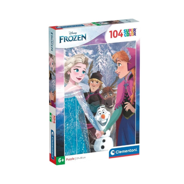 Disney Frozen puzzle featuring 104 pieces, showcasing beloved characters in a colorful winter scene