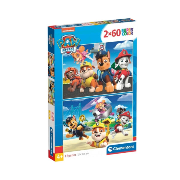 Clementoni Paw Patrol puzzle featuring two 60-piece designs, showcasing colorful characters in action-packed scenes